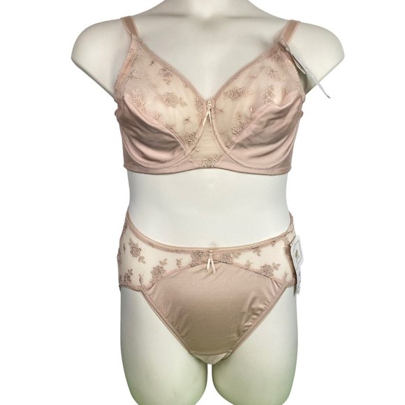 *Vintage Wacoal 85114 84214 Beige Sheer Embroidered Lace 36DD Bra & XL Panty Set